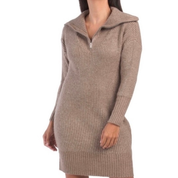 Cupcakes & Cashmere Women's Tan Ribbed Notch Zip Collar Sweater Dress Medium - Picture 1 of 8